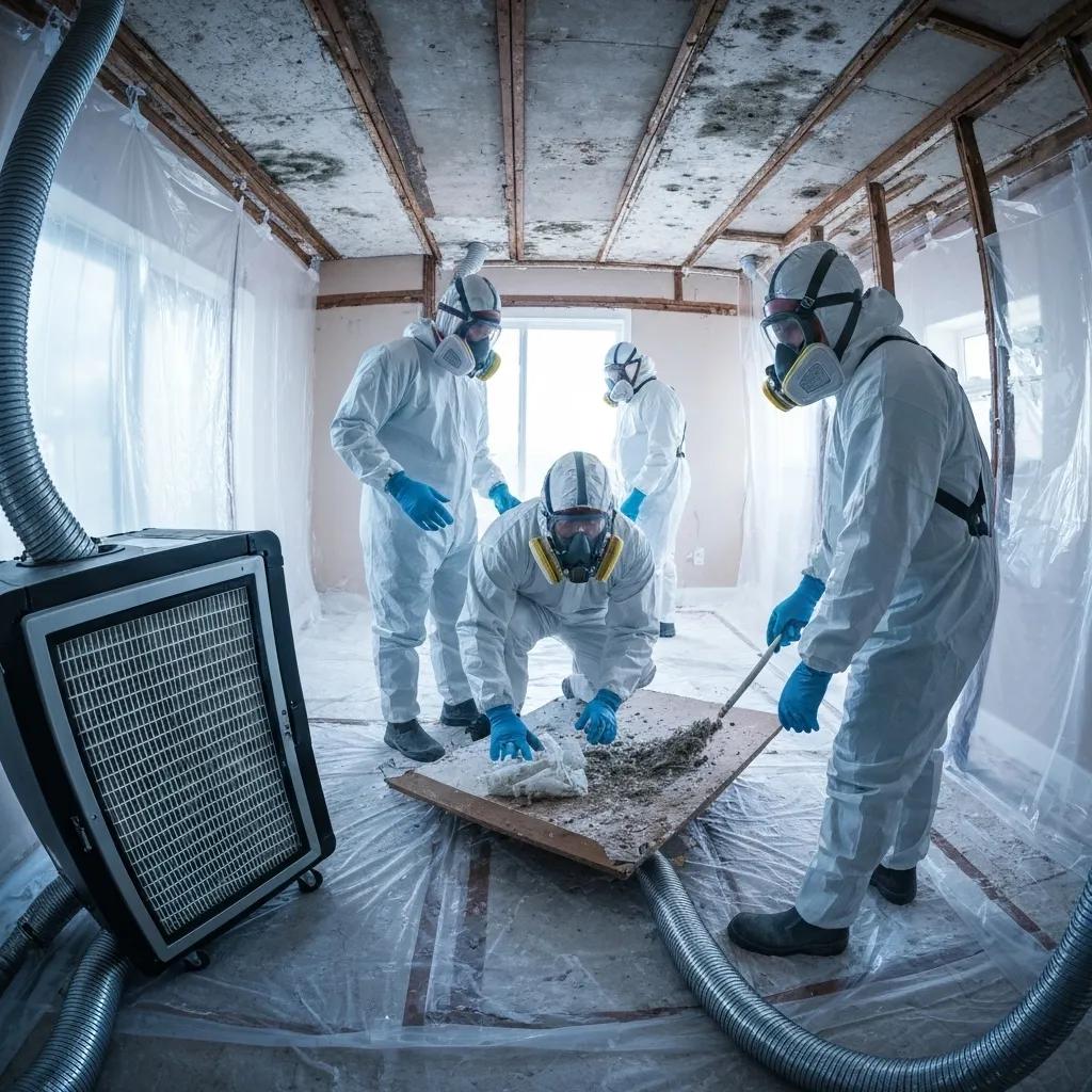Mold remediation team safely removing contaminated materials from a residential property