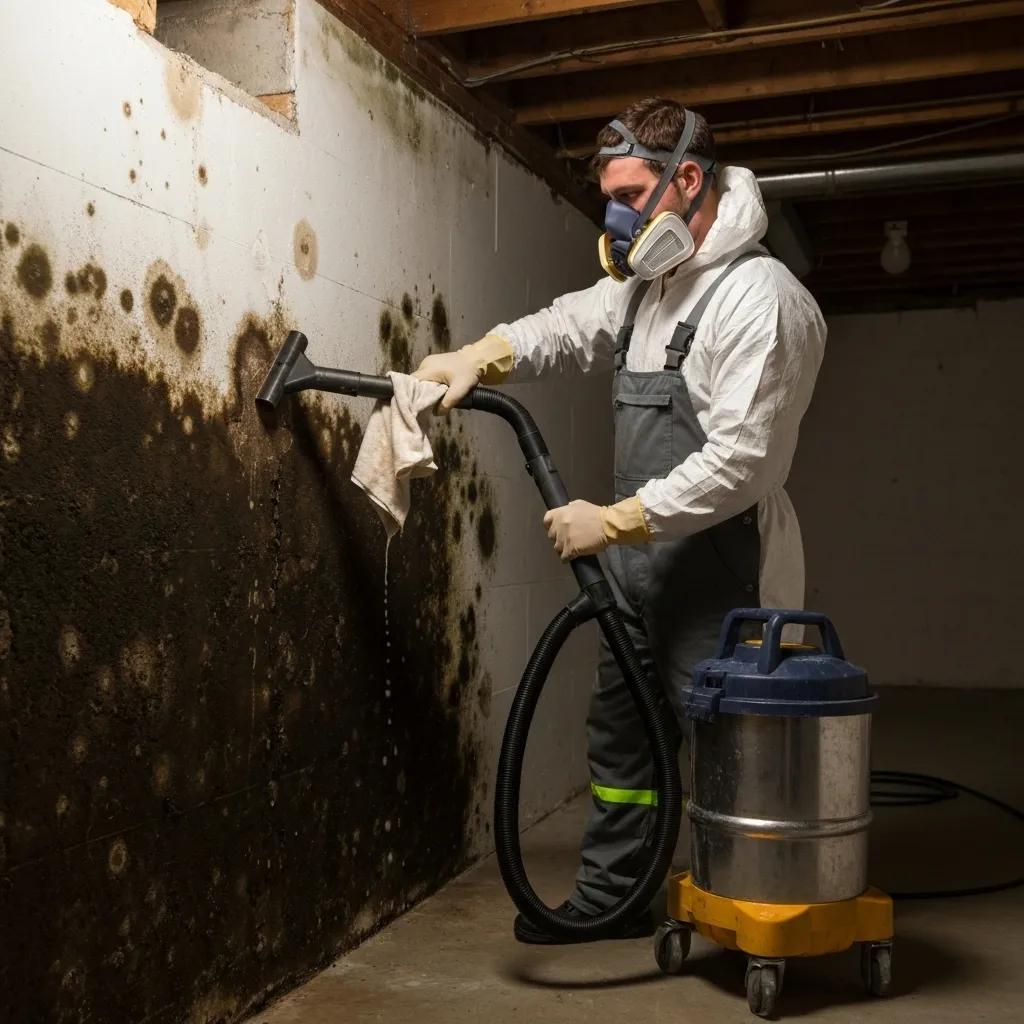 Technician performing mold remediation in a home, highlighting the importance of professional services in preventing mycotoxin exposure