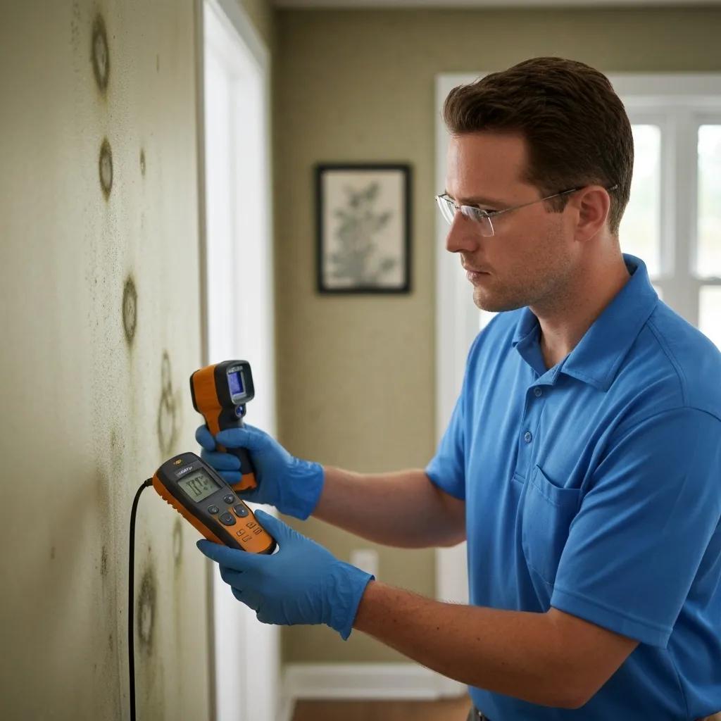 Professional mold inspector using tools in a Florida home to assess mold presence