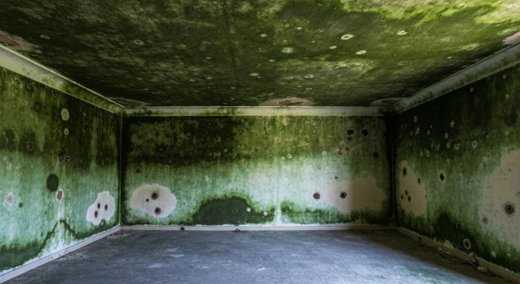 Visible mold damage on walls and ceilings affecting indoor air quality