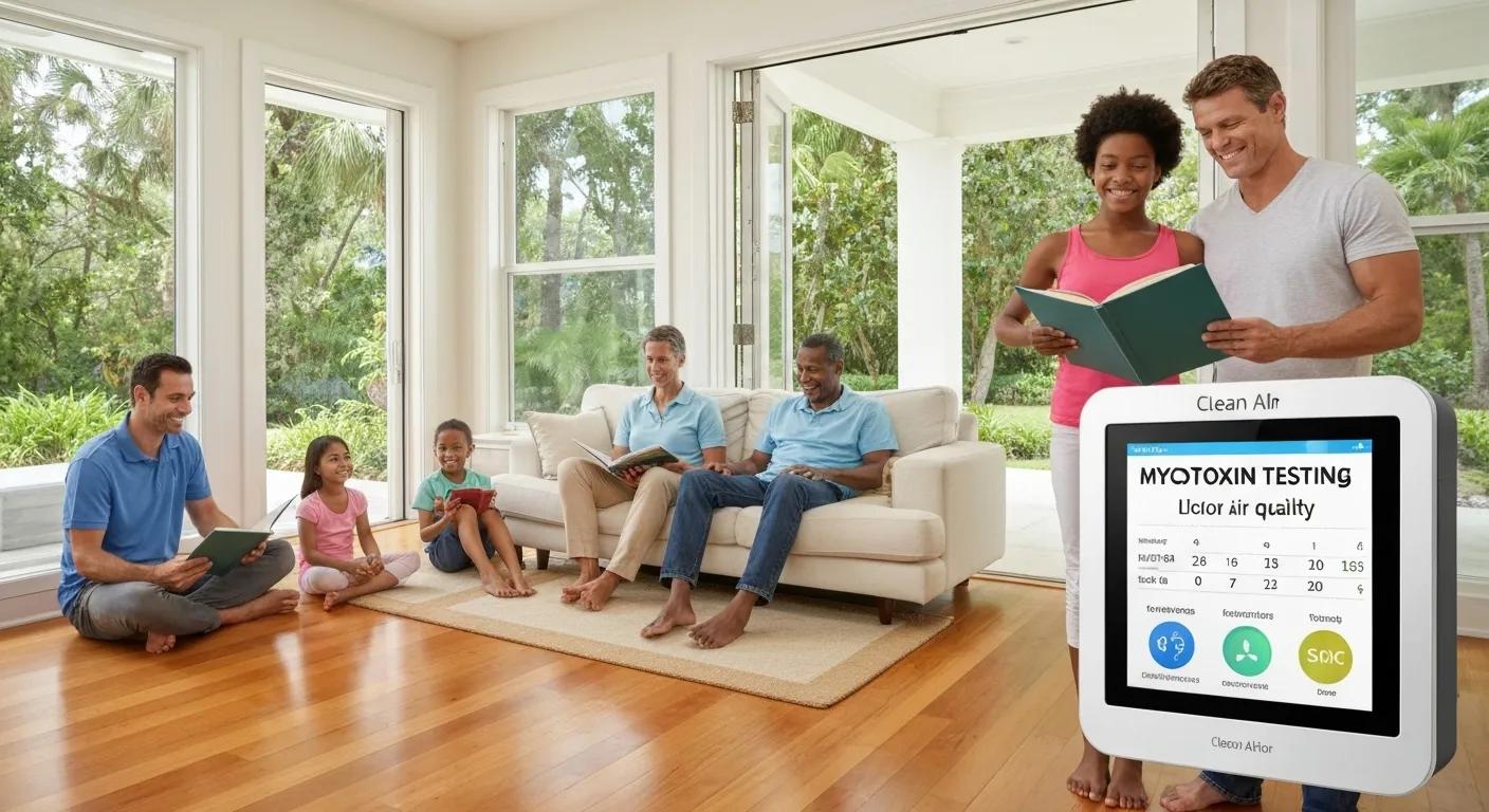 Family enjoying a healthy lifestyle in a sunny Florida home, emphasizing the importance of mycotoxin testing for indoor air quality
