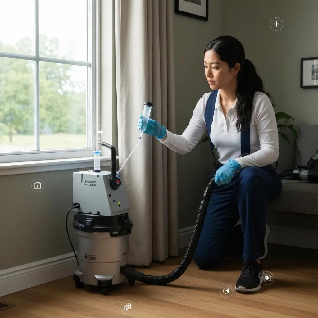 Professional consultant collecting air and dust samples for mycotoxin testing in a home