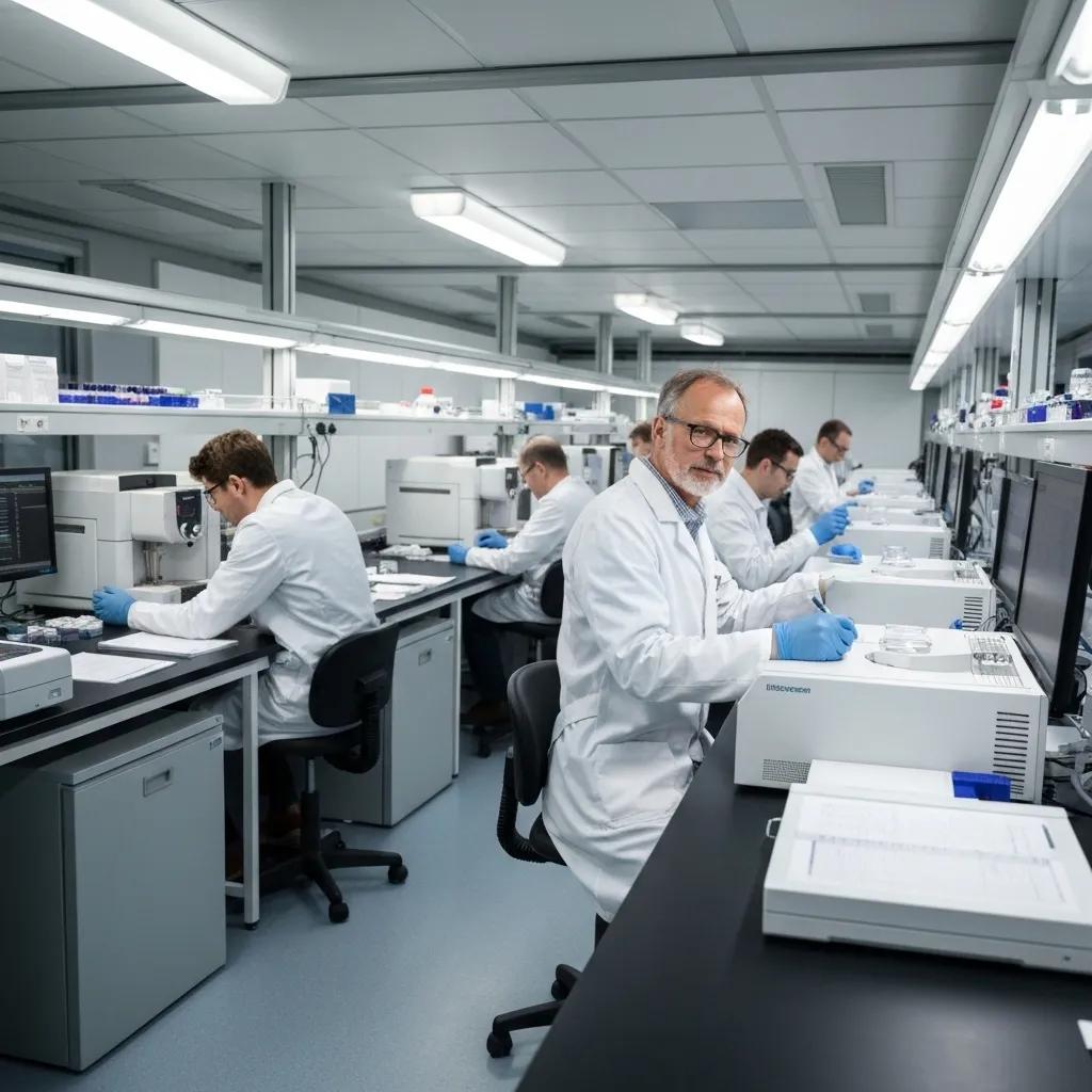 Scientists analyzing mycotoxin samples in a high-tech laboratory setting