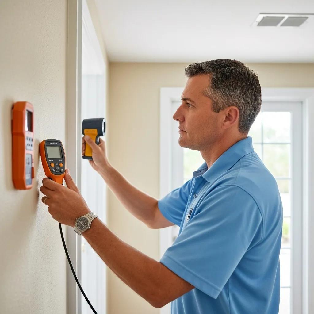 Professional mold inspector using tools in a Florida home to assess mold presence