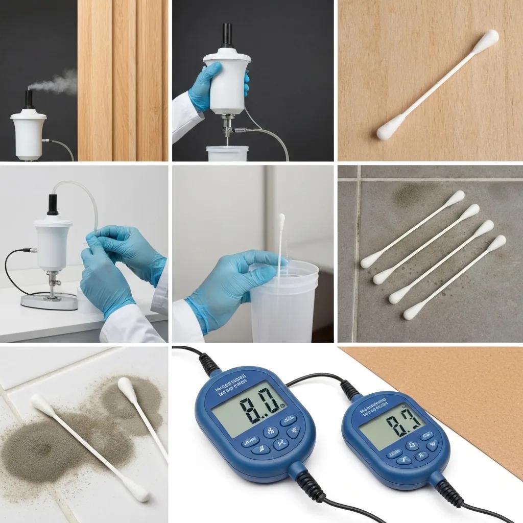 Various mold testing methods including air sampling and surface swabs in a laboratory setting