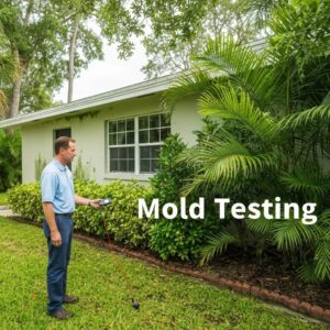 Florida home with visible mold signs and a professional inspector conducting mold testing