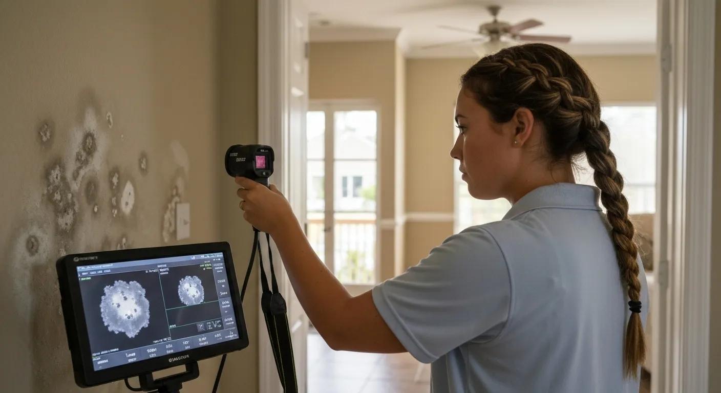 Professional mold inspector using infrared camera in a Florida home
