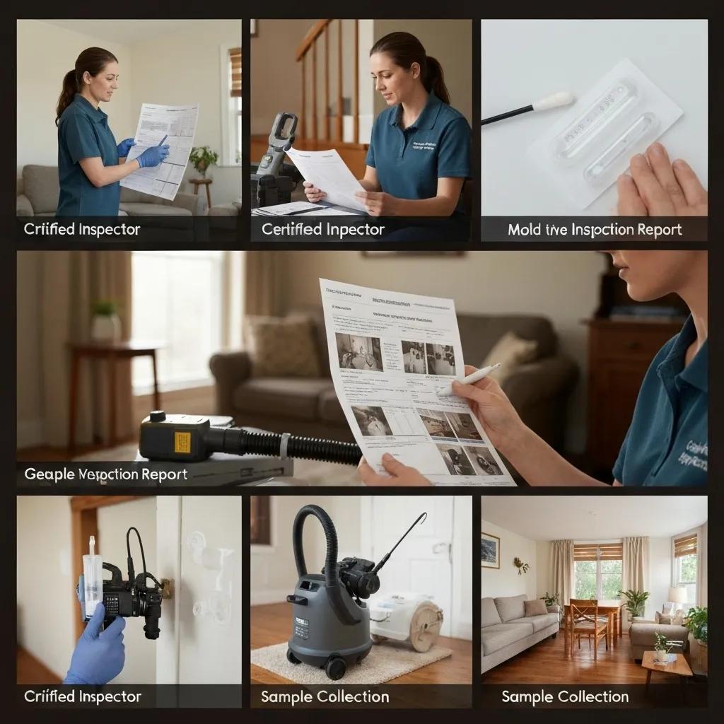 Stages of a professional mold inspection process including equipment and sample collection