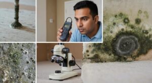 Professional mold inspection in Florida with advanced tools and visible mold signs