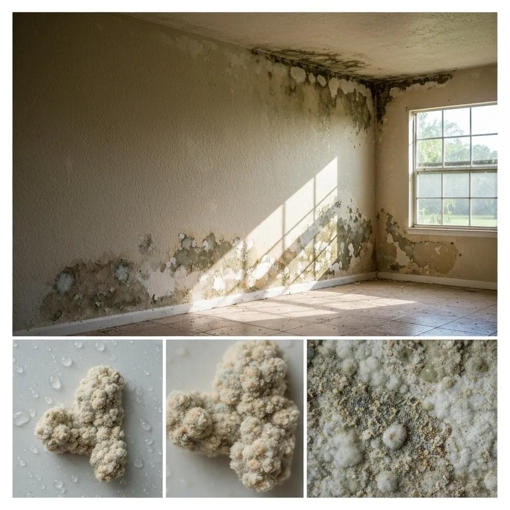 Visual indicators of mold presence in a Florida home, including discoloration and peeling paint