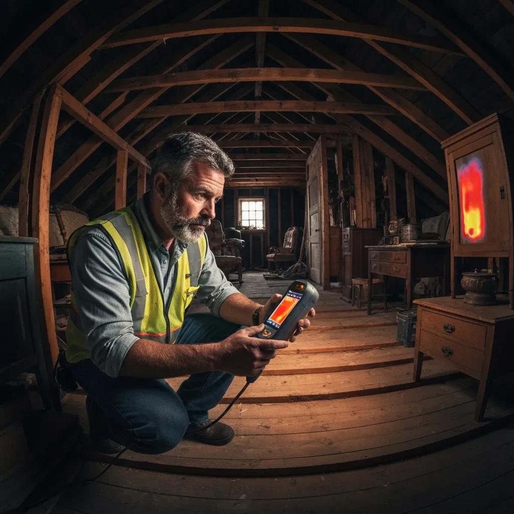 Mold inspector using thermal imaging in an attic to identify moisture issues