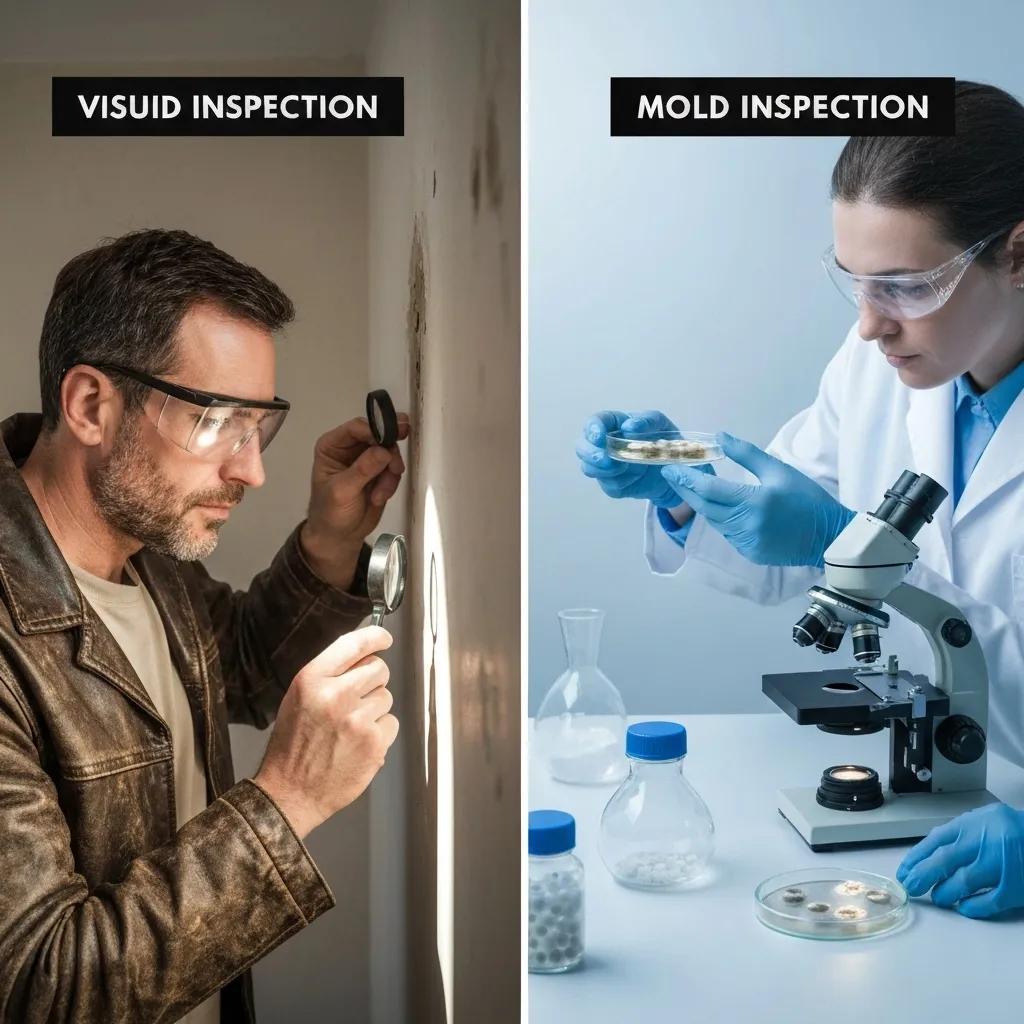 Comparison of mold testing and inspection processes highlighting visual examination and lab analysis