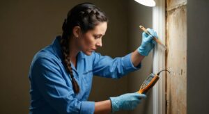 Professional mold inspector using tools in a home environment