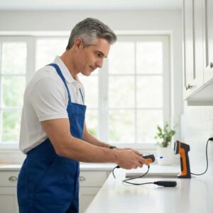 Professional mold inspector using tools to assess indoor air quality and safety