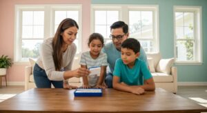 Family in a Florida home examining a mycotoxin testing kit, highlighting home safety and health concerns