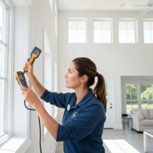 Professional mold inspector using tools in a Florida home for affordable mold assessment