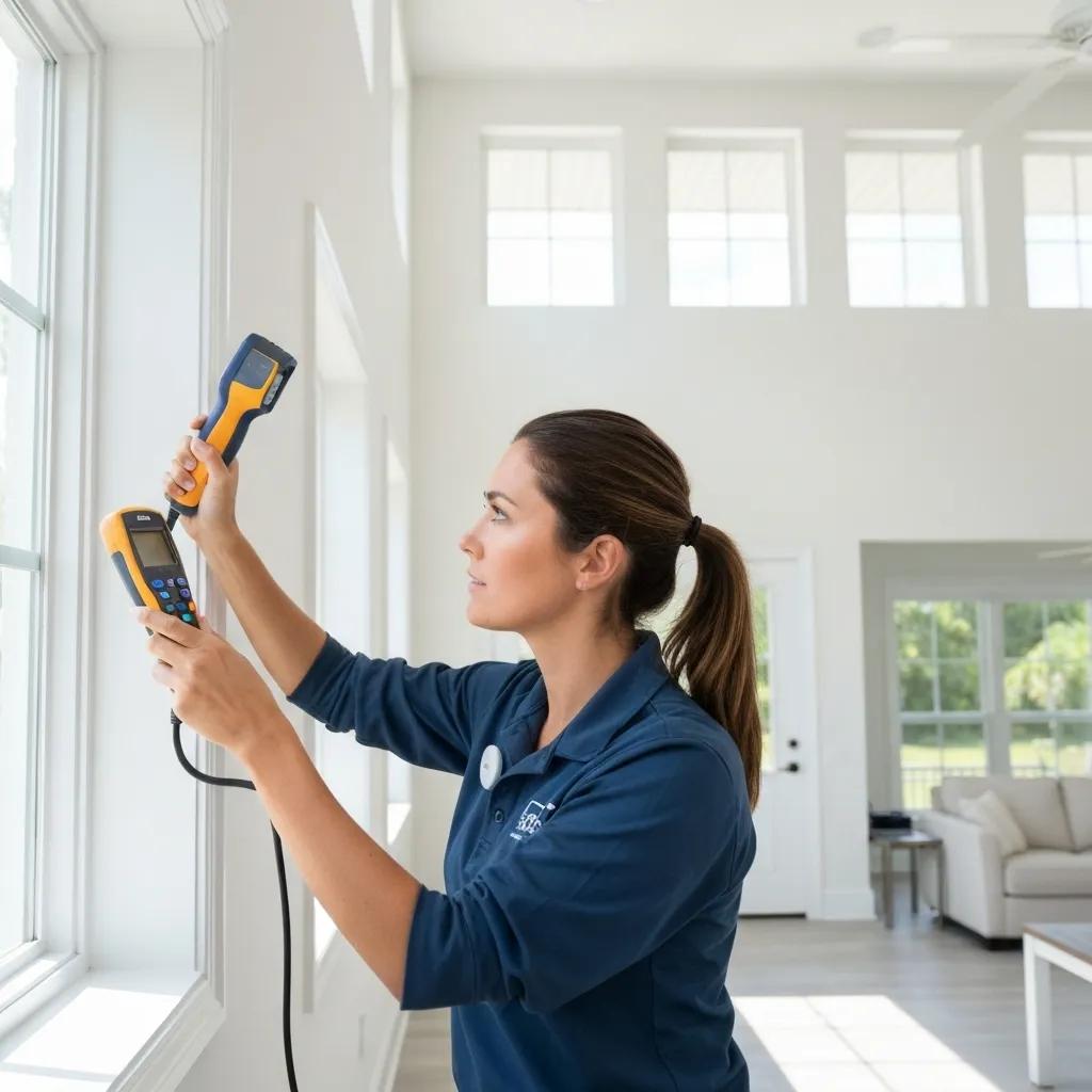 Professional mold inspector using tools in a Florida home for affordable mold assessment