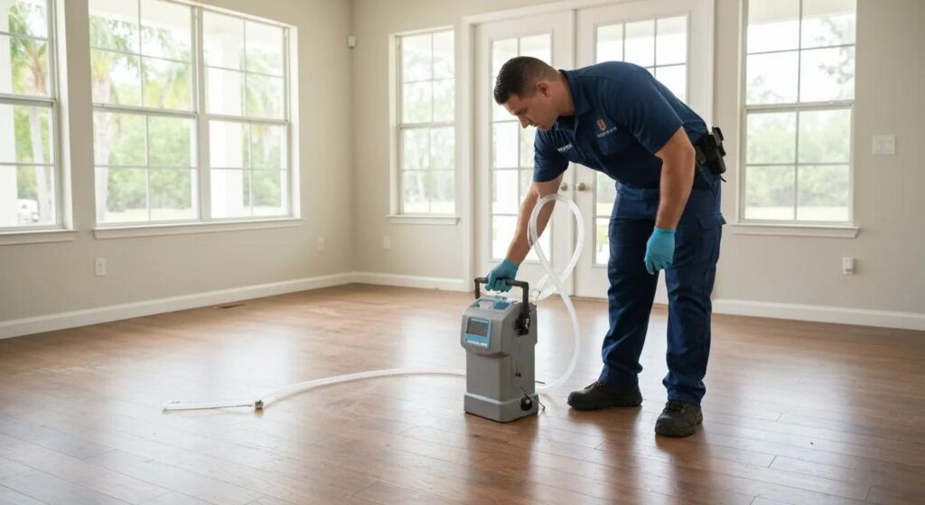 Inspector conducting air sampling during a comprehensive mold inspection in a Florida home