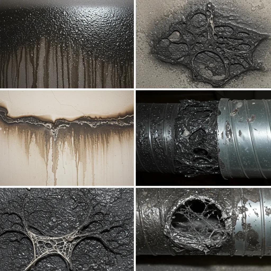 Close-up of soot damage patterns, showcasing glossy streaks and carbon webbing