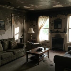 Living room with visible puff back damage, showcasing oily soot on walls and furniture