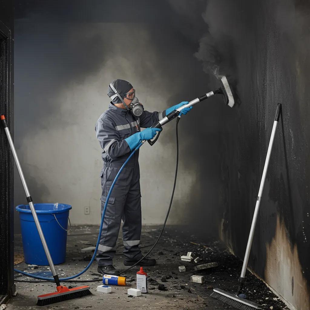 Professional technician cleaning puff back soot from a wall with specialized equipment